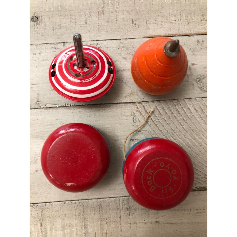 Vintage wood fly-back yo yo's and tops wood and metal orange red blue 1950's